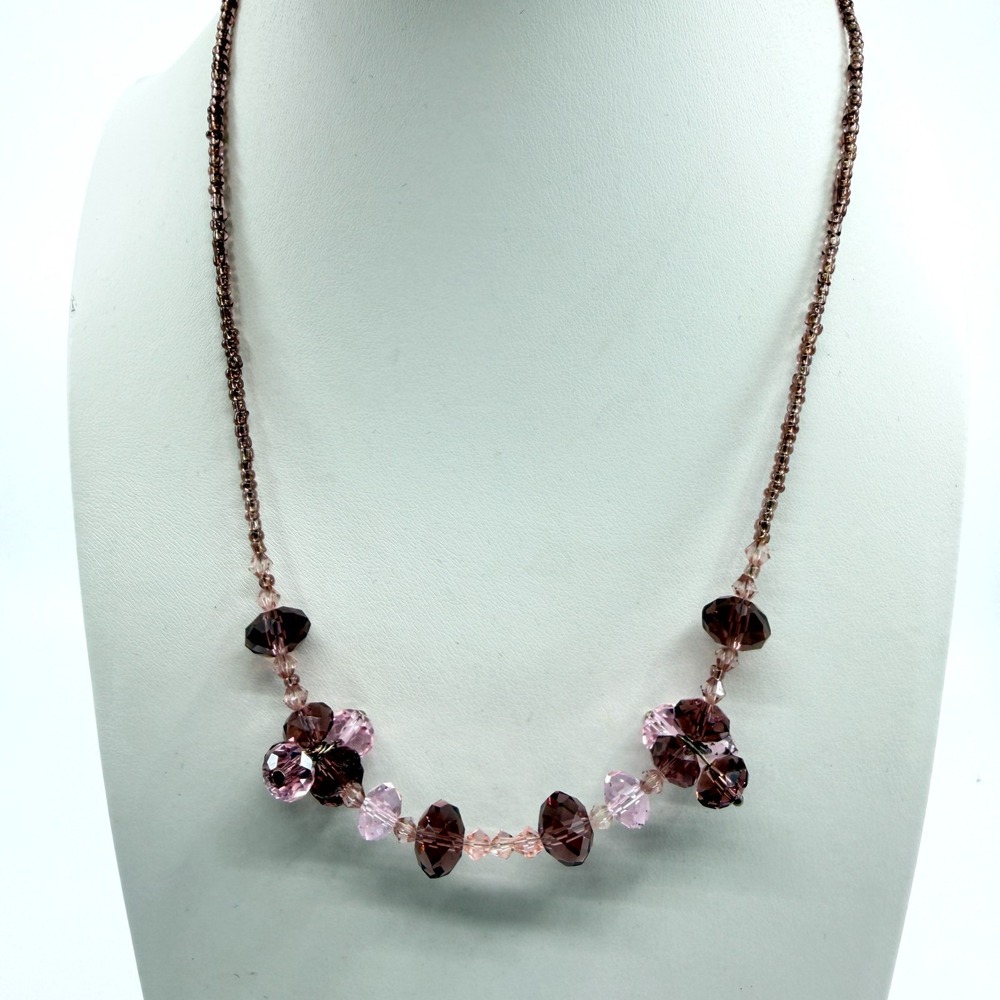 Vintage Y2K Pink Purple Crystal Beaded Strand Necklace Mauve Romantic Fairycore